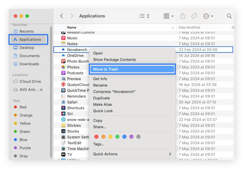Screenshot of the macOS Finder > Applications > Move to Trash.
