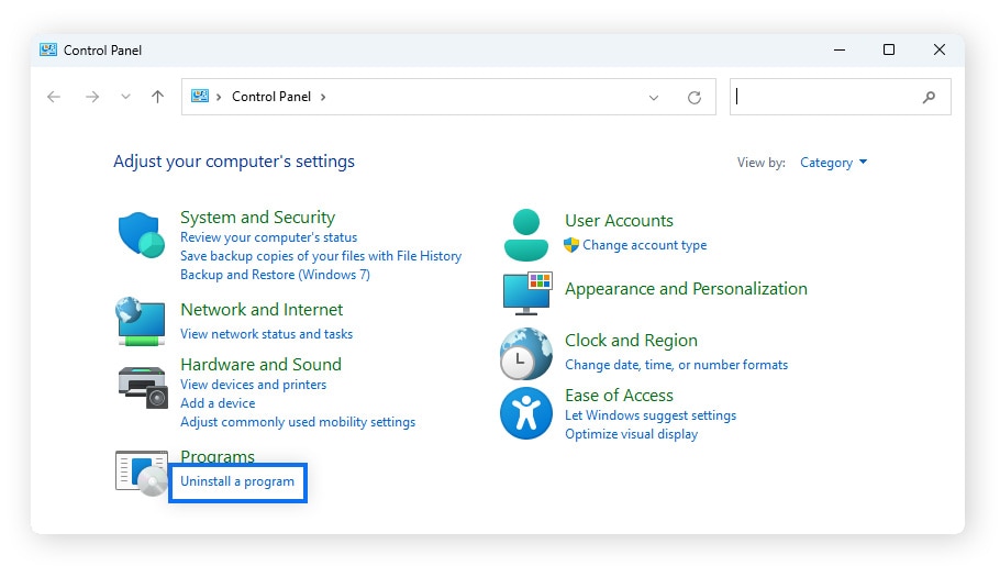 Screenshot of the Windows Control Panel > Uninstall a programme.