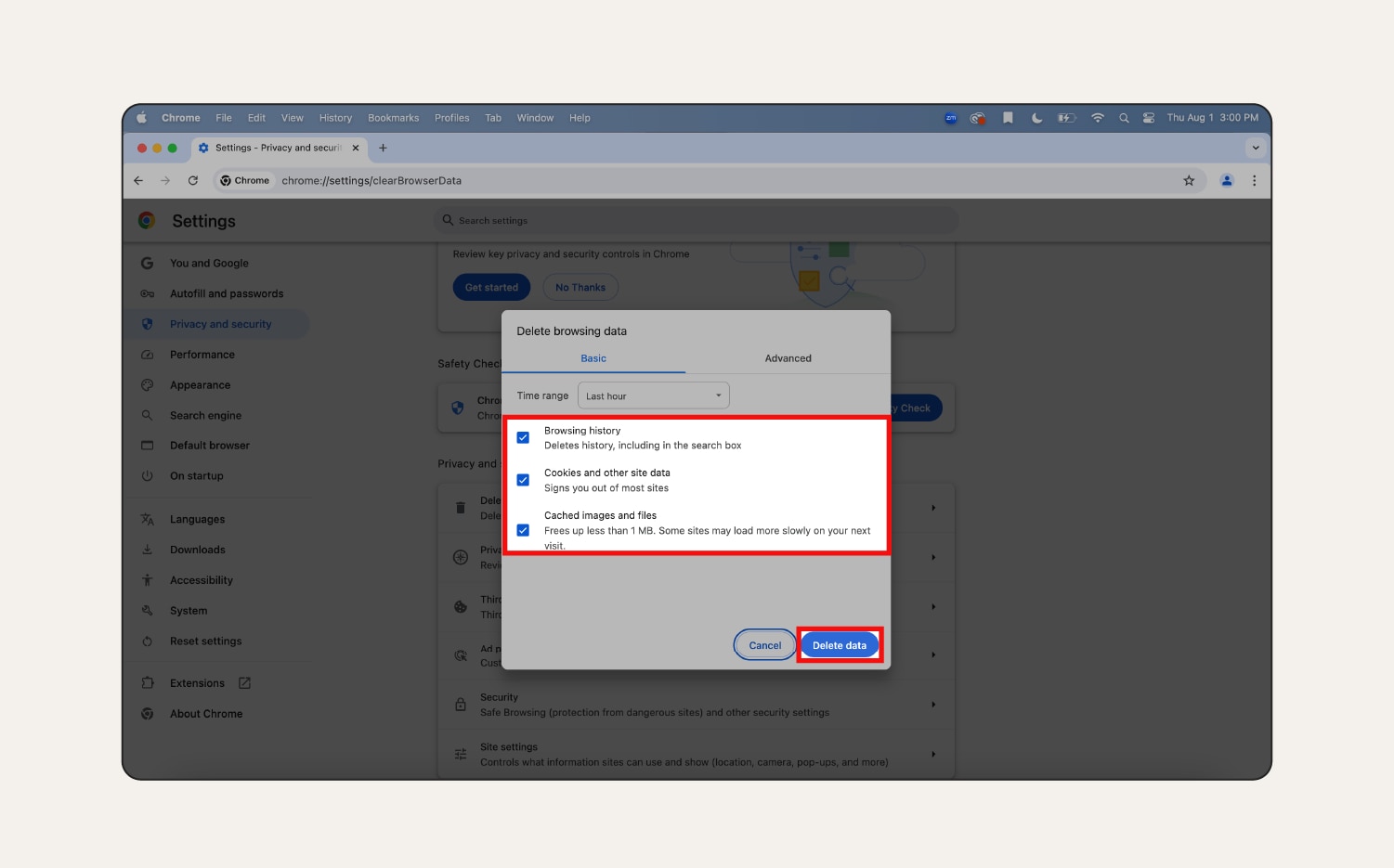 A screenshot showing how to delete cache, browsing data and cookies in Chrome on Mac. 