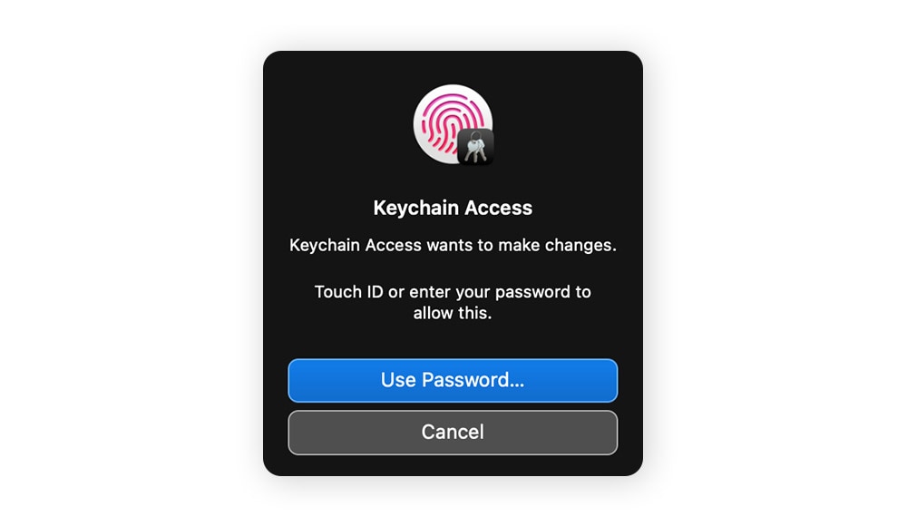 A screenshot of a Keychain Access prompt (Touch ID or password).