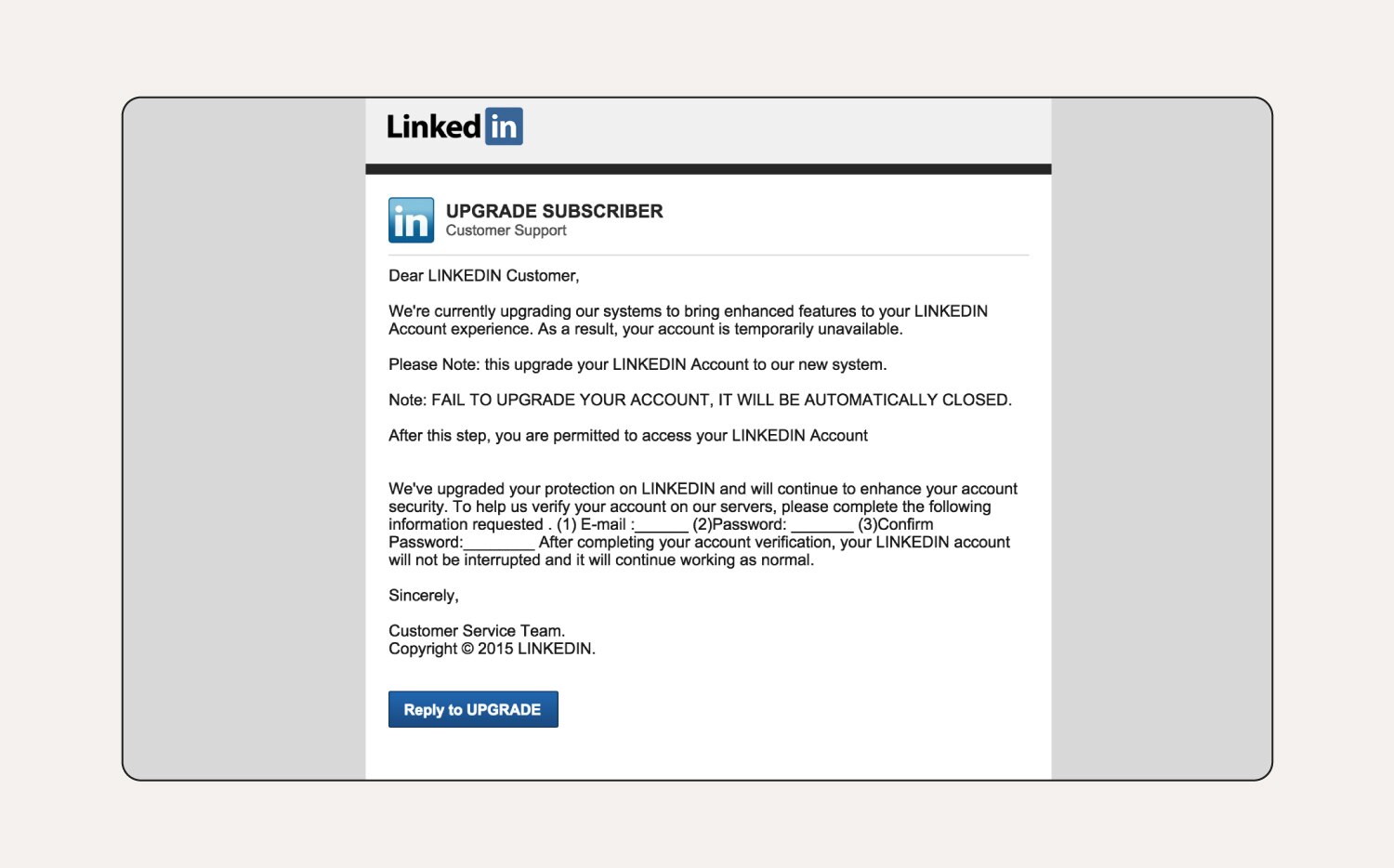 A LinkedIn social media phishing example.