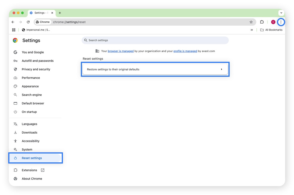 Resetting Chrome settings to remove a Windows Defender security warning scam.